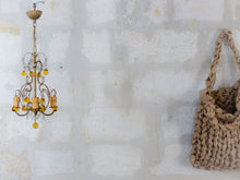 Load image into Gallery viewer, Vintage Chandelier Amber Glass Drops Prisms Beads 1930 Italian Ceiling 4 Lights