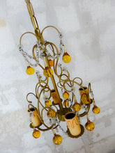 Load image into Gallery viewer, Vintage Chandelier Amber Glass Drops Prisms Beads 1930 Italian Ceiling 4 Lights