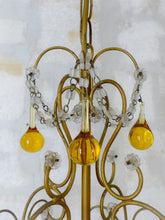 Load image into Gallery viewer, Vintage Chandelier Amber Glass Drops Prisms Beads 1930 Italian Ceiling 4 Lights