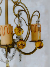 Load image into Gallery viewer, Vintage Chandelier Amber Glass Drops Prisms Beads 1930 Italian Ceiling 4 Lights