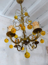 Load image into Gallery viewer, Vintage Chandelier Amber Glass Drops Prisms Beads 1930 Italian Ceiling 4 Lights