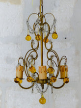 Load image into Gallery viewer, Vintage Chandelier Amber Glass Drops Prisms Beads 1930 Italian Ceiling 4 Lights