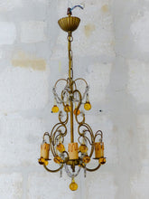 Load image into Gallery viewer, Vintage Chandelier Amber Glass Drops Prisms Beads 1930 Italian Ceiling 4 Lights
