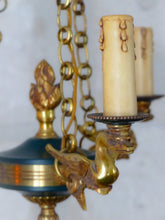 Load image into Gallery viewer, 1950 Vintage French 3 Swans Arms Ormolu Bronze Brass Chandelier Ceiling Empire