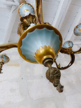 Load image into Gallery viewer, SEVRES French Mid-Century Bronze 9 Fires Chandelier Gilded Porcelain - Louis XV