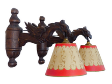 Load image into Gallery viewer, Pair Vintage French Carved Wood Gothic Chimera Wall Light Sconce Gargoye Shades