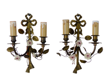 Load image into Gallery viewer, Antique Pair Wall Light Sconces Bronze Brass 1930 Porcelain Flowers Foliage