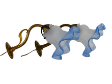 Load image into Gallery viewer, Antique PAIR French Gilded Brass Wall Light Sconce Blue Glass Shade 1930