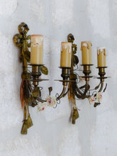 Load image into Gallery viewer, Antique Pair Wall Light Sconces Bronze Brass 1930 Porcelain Flowers Foliage