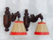 Load image into Gallery viewer, Pair Vintage French Carved Wood Gothic Chimera Wall Light Sconce Gargoye Shades