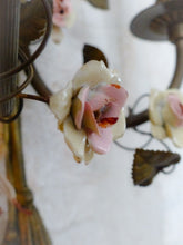 Load image into Gallery viewer, Antique Pair Wall Light Sconces Bronze Brass 1930 Porcelain Flowers Foliage