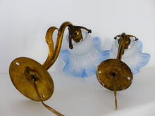 Load image into Gallery viewer, Antique PAIR French Gilded Brass Wall Light Sconce Blue Glass Shade 1930