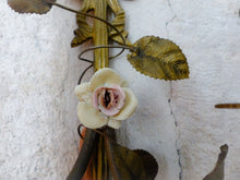 Load image into Gallery viewer, Antique Pair Wall Light Sconces Bronze Brass 1930 Porcelain Flowers Foliage