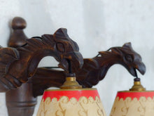 Load image into Gallery viewer, Pair Vintage French Carved Wood Gothic Chimera Wall Light Sconce Gargoye Shades