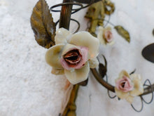 Load image into Gallery viewer, Antique Pair Wall Light Sconces Bronze Brass 1930 Porcelain Flowers Foliage