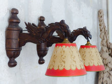 Load image into Gallery viewer, Pair Vintage French Carved Wood Gothic Chimera Wall Light Sconce Gargoye Shades