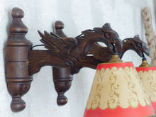Load image into Gallery viewer, Pair Vintage French Carved Wood Gothic Chimera Wall Light Sconce Gargoye Shades