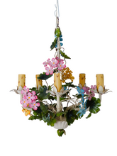 Load image into Gallery viewer, Charming Florentine Chandelier Enameled Metal Tole Flowers 50's Italian Ceiling
