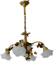 Load image into Gallery viewer, Antique FRENCH Bronze CHANDELIER Porcelaine Pink ROSES / Frosted White SHADES