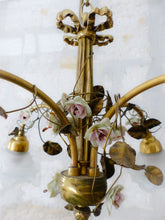 Load image into Gallery viewer, Antique FRENCH Bronze CHANDELIER Porcelaine Pink ROSES / Frosted White SHADES