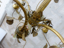 Load image into Gallery viewer, Antique FRENCH Bronze CHANDELIER Porcelaine Pink ROSES / Frosted White SHADES