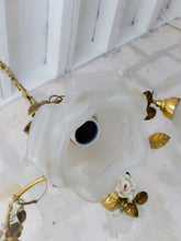 Load image into Gallery viewer, Antique FRENCH Bronze CHANDELIER Porcelaine Pink ROSES / Frosted White SHADES