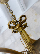 Load image into Gallery viewer, Antique FRENCH Bronze CHANDELIER Porcelaine Pink ROSES / Frosted White SHADES