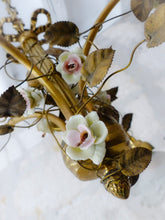 Load image into Gallery viewer, Antique FRENCH Bronze CHANDELIER Porcelaine Pink ROSES / Frosted White SHADES