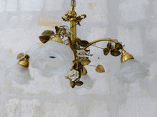 Load image into Gallery viewer, Antique FRENCH Bronze CHANDELIER Porcelaine Pink ROSES / Frosted White SHADES