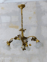 Load image into Gallery viewer, Antique FRENCH Bronze CHANDELIER Porcelaine Pink ROSES / Frosted White SHADES