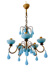 Load image into Gallery viewer, Antique Chandelier Aqua Blue Opaline Drops Cup Beads 1930 MURANO RARE 5 lights