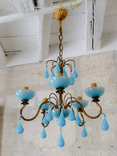Load image into Gallery viewer, Antique Chandelier Aqua Blue Opaline Drops Cup Beads 1930 MURANO RARE 5 lights
