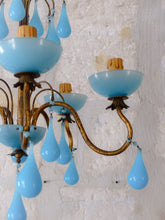 Load image into Gallery viewer, Antique Chandelier Aqua Blue Opaline Drops Cup Beads 1930 MURANO RARE 5 lights