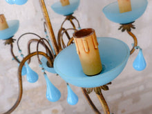 Load image into Gallery viewer, Antique Chandelier Aqua Blue Opaline Drops Cup Beads 1930 MURANO RARE 5 lights