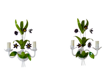 Load image into Gallery viewer, Charming Florentine PAIR Wall Light Enameled Metal Tole Flowers 1980 Italian