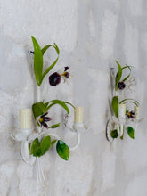 Load image into Gallery viewer, Charming Florentine PAIR Wall Light Enameled Metal Tole Flowers 1980 Italian