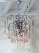Load image into Gallery viewer, Vintage Waterfall Chandelier Pink Glass Drops 1970 MURANO Chrome VENINI Ceiling
