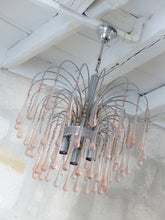 Load image into Gallery viewer, Vintage Waterfall Chandelier Pink Glass Drops 1970 MURANO Chrome VENINI Ceiling
