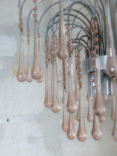 Load image into Gallery viewer, Vintage Waterfall Chandelier Pink Glass Drops 1970 MURANO Chrome VENINI Ceiling