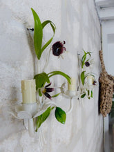 Load image into Gallery viewer, Charming Florentine PAIR Wall Light Enameled Metal Tole Flowers 1980 Italian