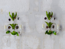 Load image into Gallery viewer, Charming Florentine PAIR Wall Light Enameled Metal Tole Flowers 1980 Italian