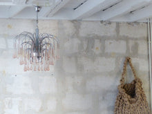 Load image into Gallery viewer, Vintage Waterfall Chandelier Pink Glass Drops 1970 MURANO Chrome VENINI Ceiling