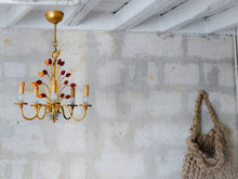 Load image into Gallery viewer, BANCI Firenze Gorgeous Mid-Century Gilt Iron Chandelier Floral Crystal 5 Fires