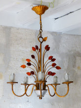 Load image into Gallery viewer, BANCI Firenze Gorgeous Mid-Century Gilt Iron Chandelier Floral Crystal 5 Fires 2