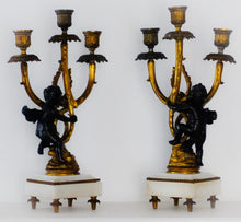 Load image into Gallery viewer, Gorgeous Antique Pair French Couple Cherub Candlestick gilded Bronze Patina 19TH