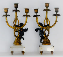 Load image into Gallery viewer, Gorgeous Antique Pair French Couple Cherub Candlestick gilded Bronze Patina 19TH