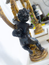 Load image into Gallery viewer, Gorgeous Antique Pair French Couple Cherub Candlestick gilded Bronze Patina 19TH