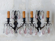 Load image into Gallery viewer, Charming 19TH Gorgeous PAIR Wall Light Bronze & Clear Crystal Drop Sconces