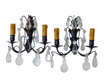 Load image into Gallery viewer, 1900 Gorgeous antique PAIR Wall Light Clear Crystal Drop Sconces Prisms Bronze