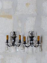 Load image into Gallery viewer, 1900 Gorgeous antique PAIR Wall Light Clear Crystal Drop Sconces Prisms Bronze